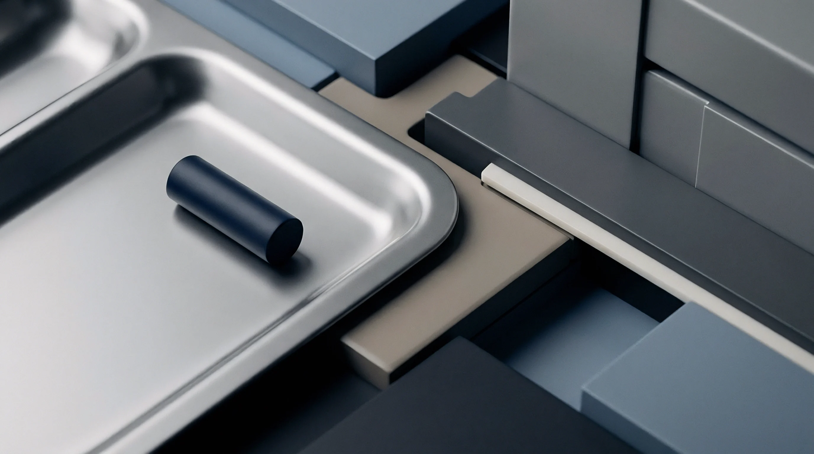 Digital graphic rendering displays machined metal trays and geometric polymer blocks organized in a structured industrial production layout.