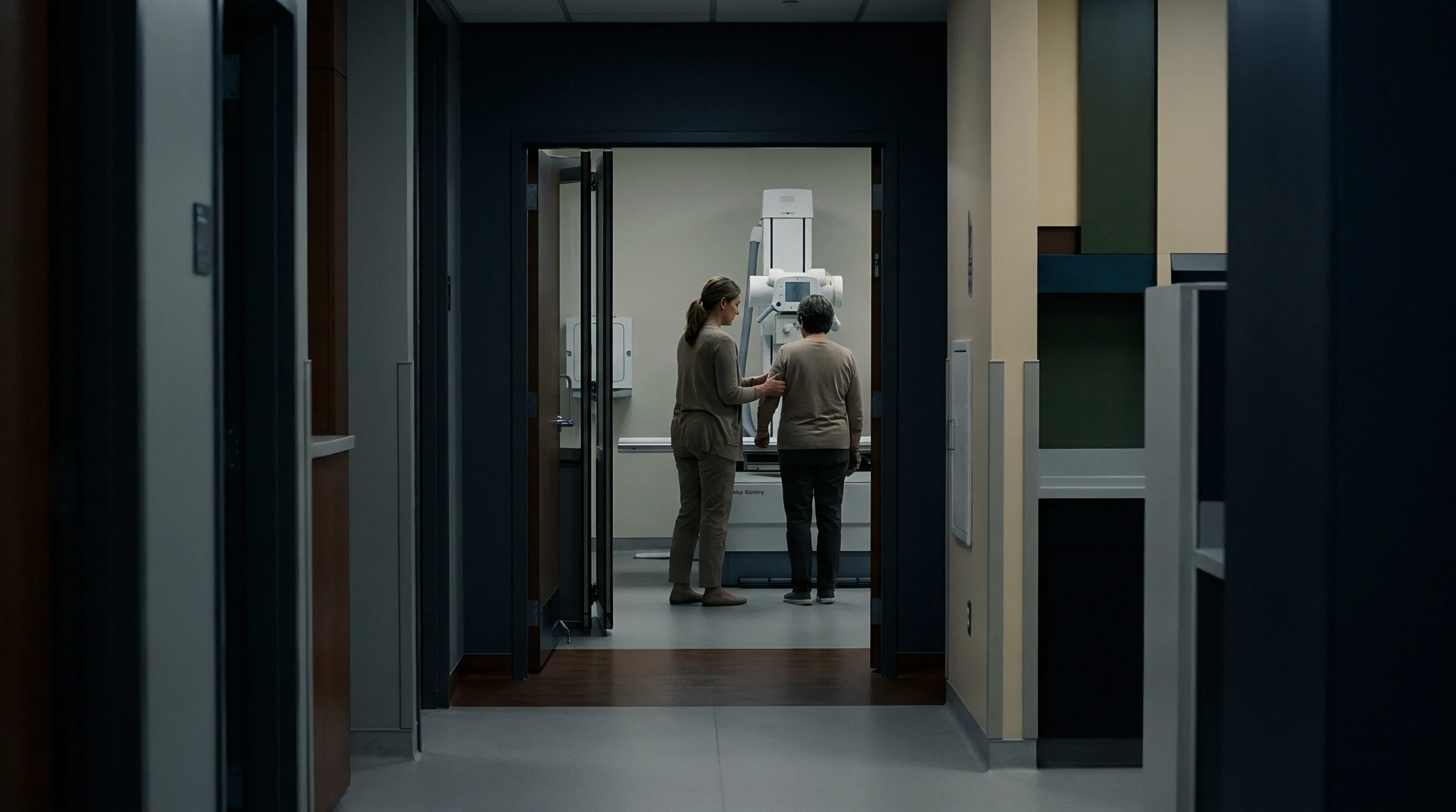 A medical professional guides a patient toward advanced diagnostic imaging equipment within a well-structured modern healthcare facility corridor.