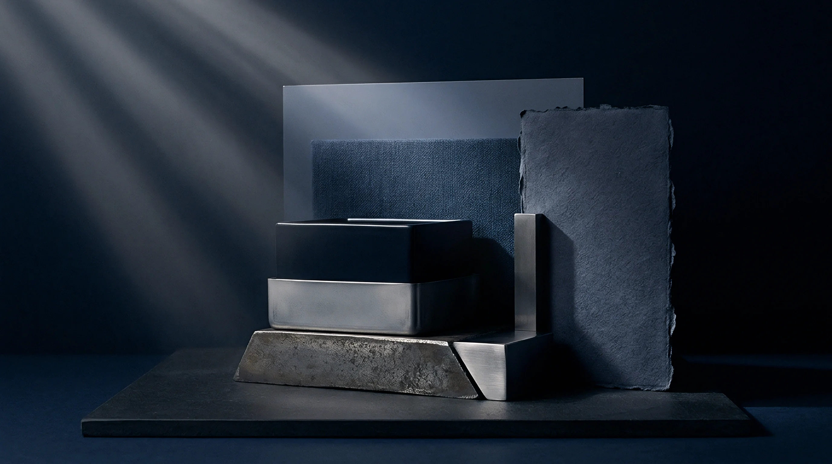 A composition of diverse industrial materials including stone, metal, textile, and opaque panels arranged on a dark surface.