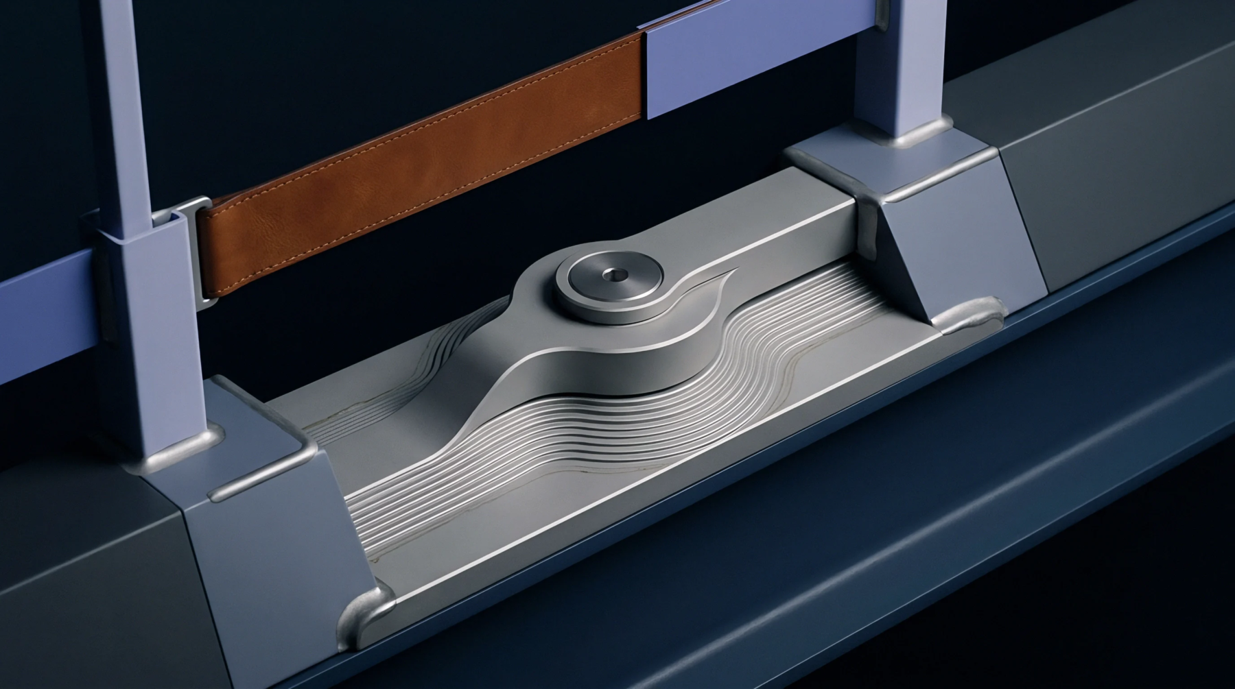 A complex industrial assembly render features layered metallic plates around a central pivot point integrated with structural supports and a thick brown strap.
