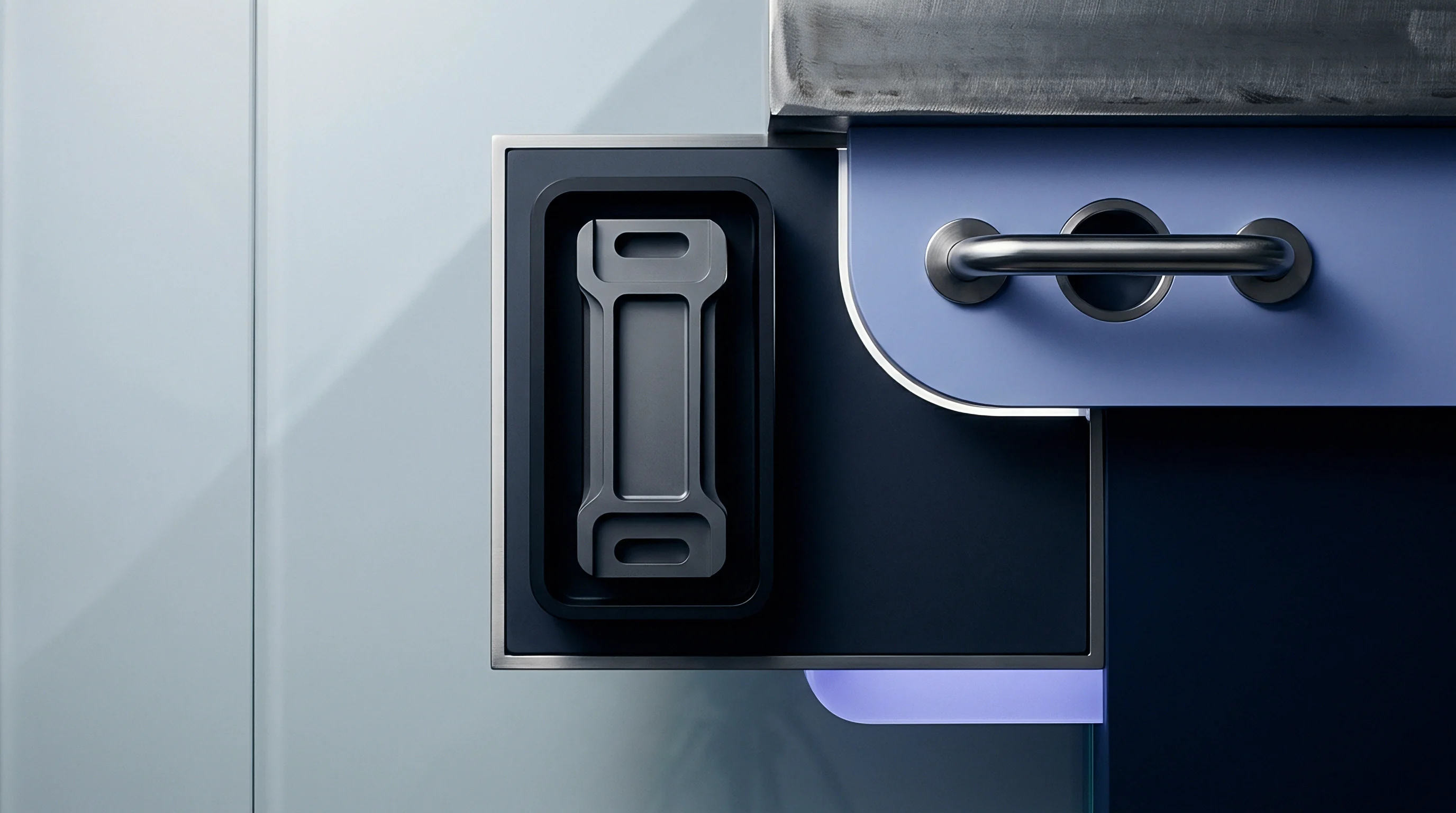 Cast metal bracket components and a stainless steel tubular rail join matte blue panels inside an industrial digital render.