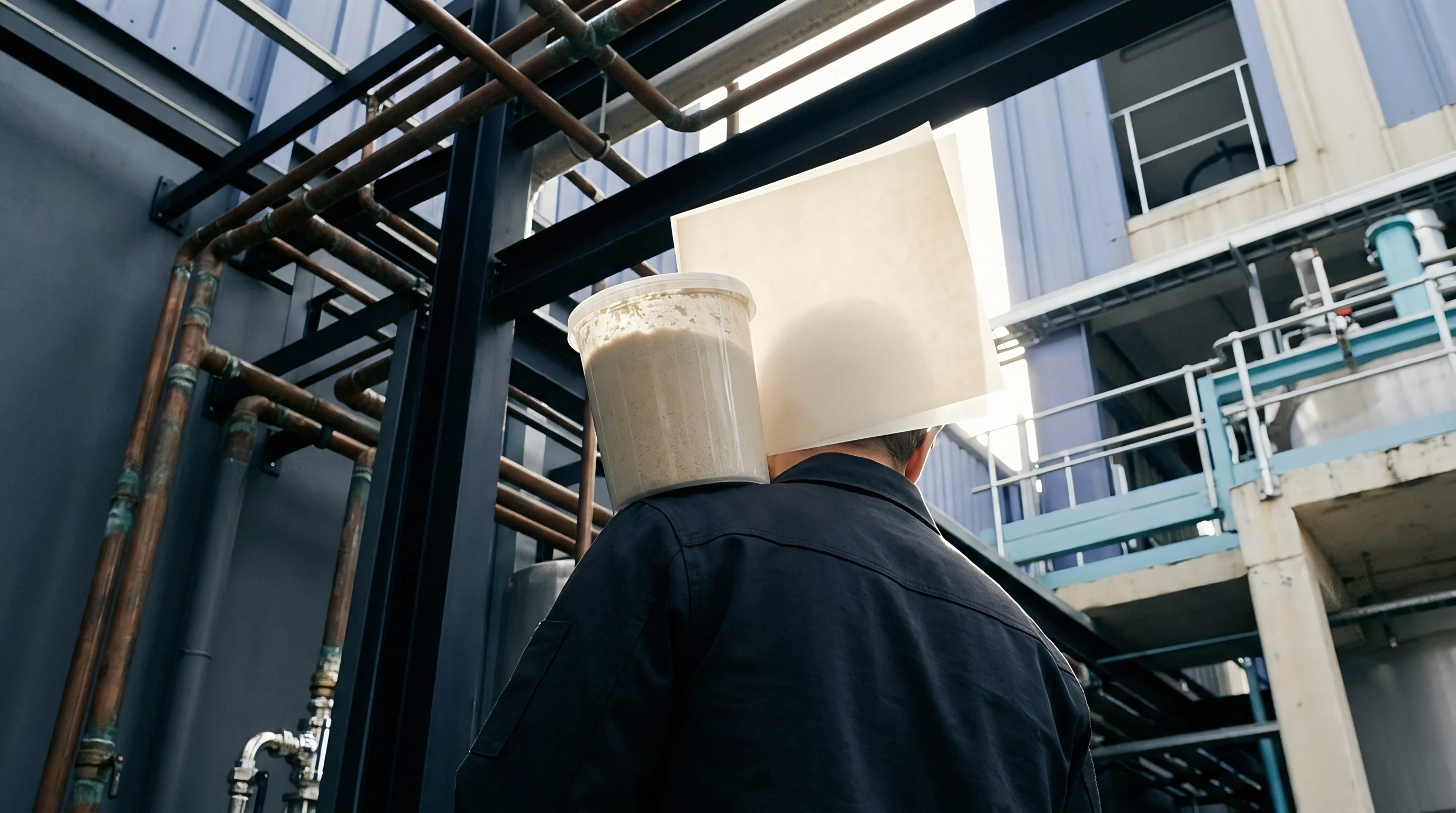 An industrial worker transports a sealed container on their shoulder, moving through a complex system of pipes and structural beams within a manufacturing plant.