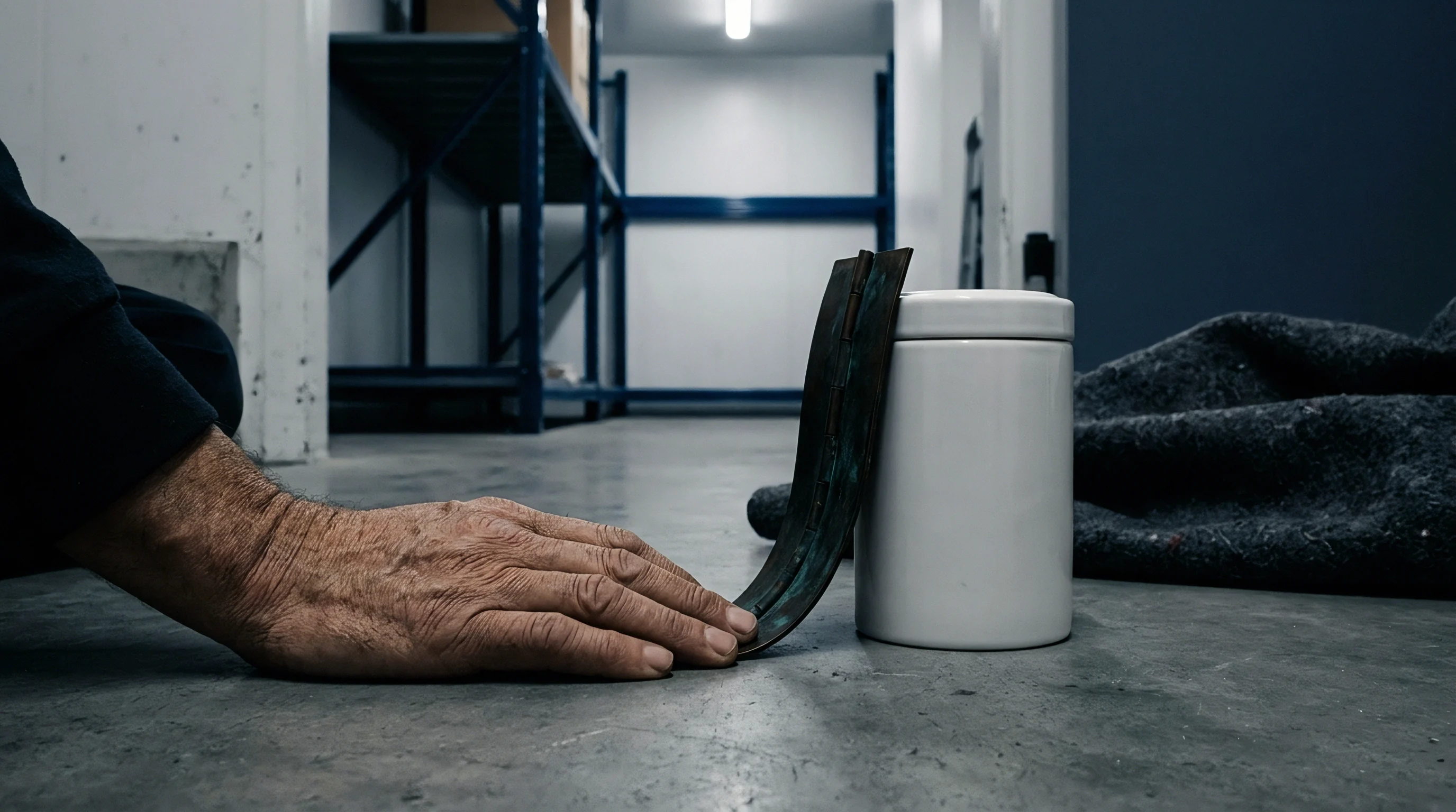 An inspector places a hand on a concrete floor beside a curved metal strip resting against a white cylindrical container.