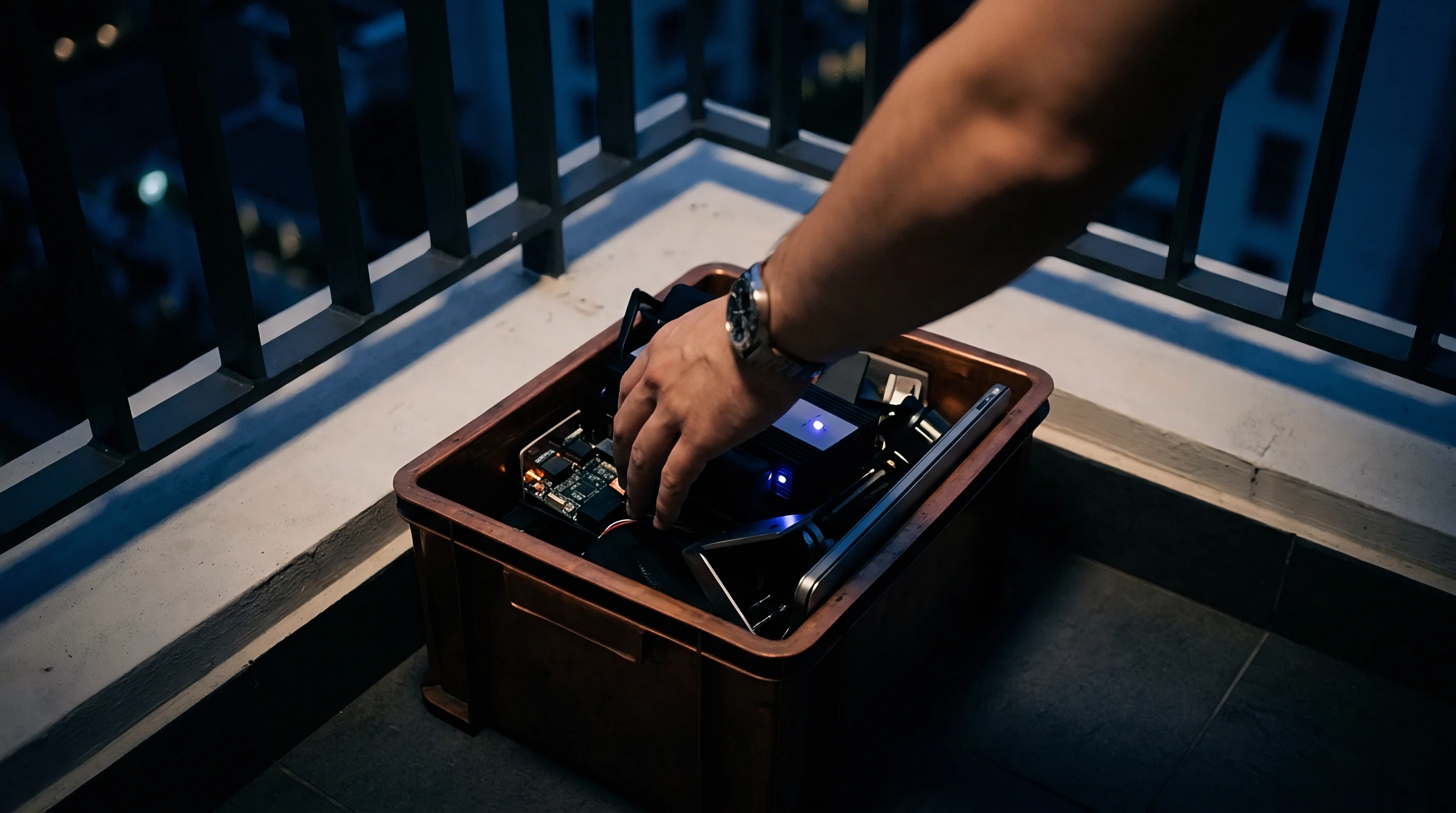 Industrial component modules and prototype electronics rest inside a rugged storage container positioned on an urban balcony during night hours.