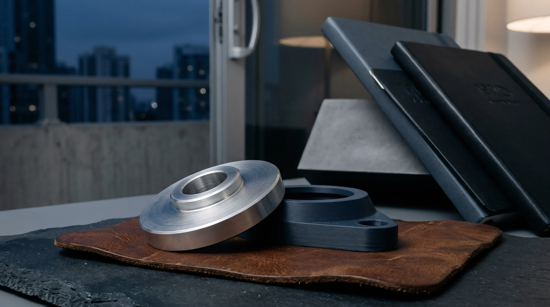 A brushed aluminum machined disc rests on a leather mat beside a black polymer additive manufacturing component with notebooks arranged in the professional desk environment.
