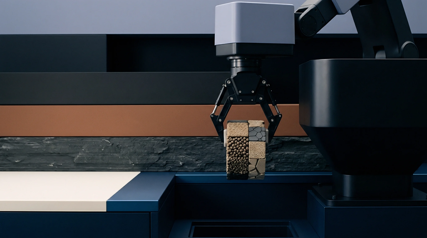 Digital render of an industrial robotic arm gripping a modular composite material block inside a modern manufacturing facility.