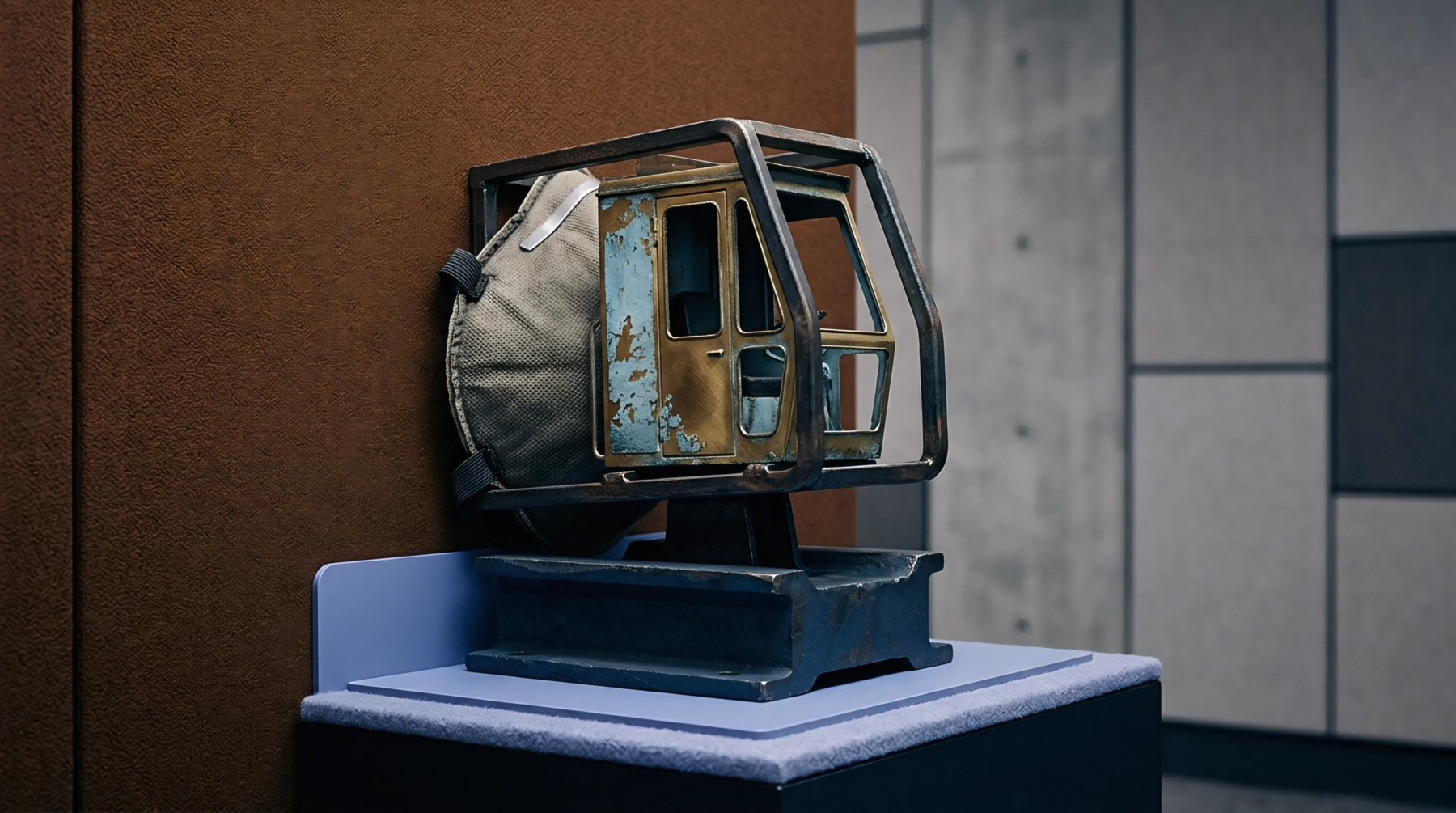 Digital render of a weathered machinery model and protective respirator nested within a steel frame on a display pedestal.