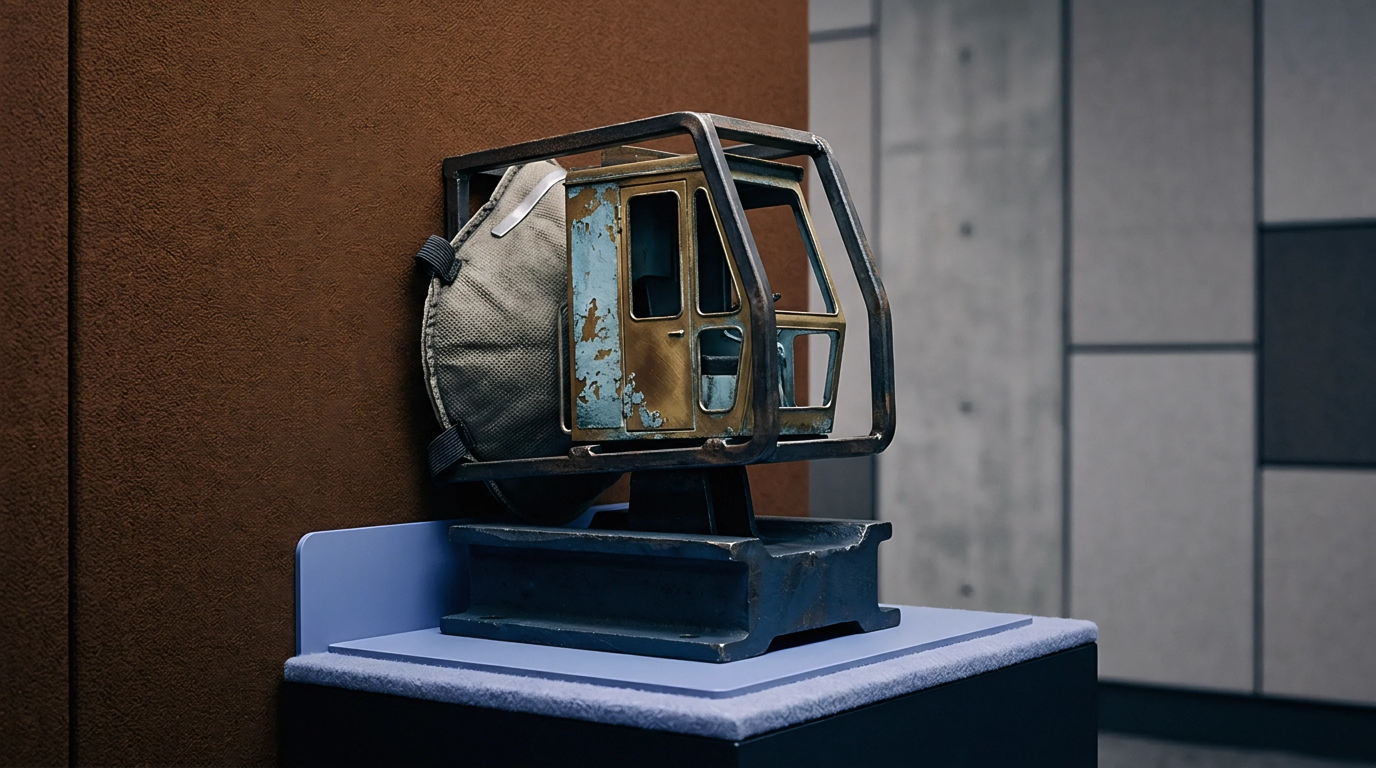 Digital render of a weathered machinery model and protective respirator nested within a steel frame on a display pedestal.