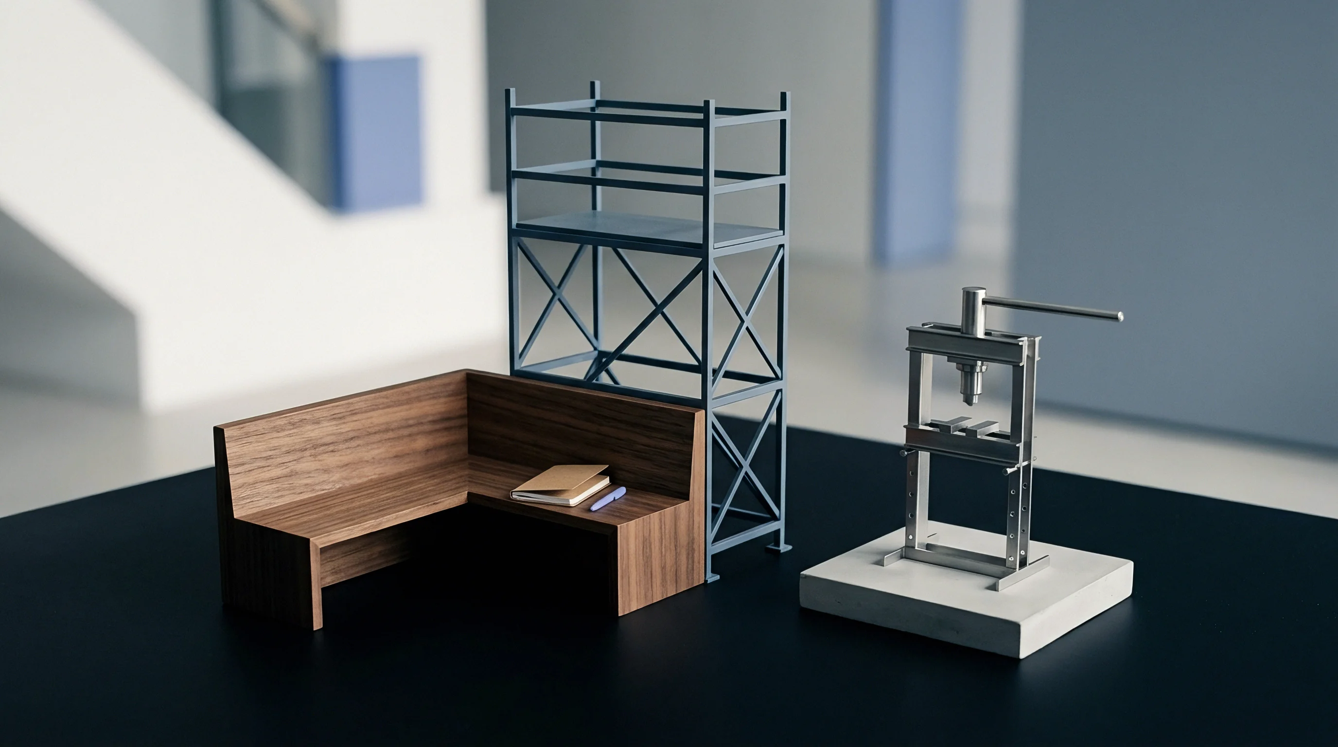 A digital three dimensional render displays miniature models of a wooden bench blue steel scaffolding and a metal press on a dark table.