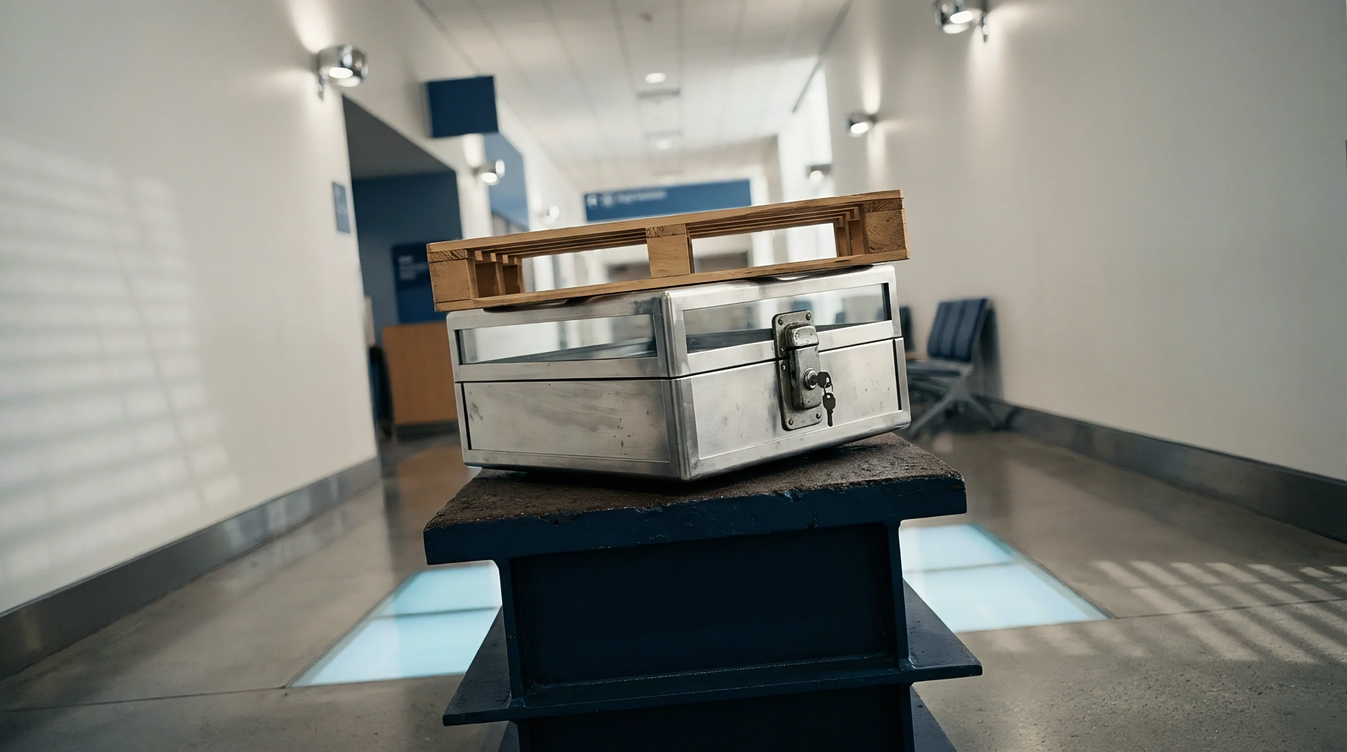 Metal security container rests atop a heavy industrial beam and wooden shipping pallet within a corporate institutional corridor.