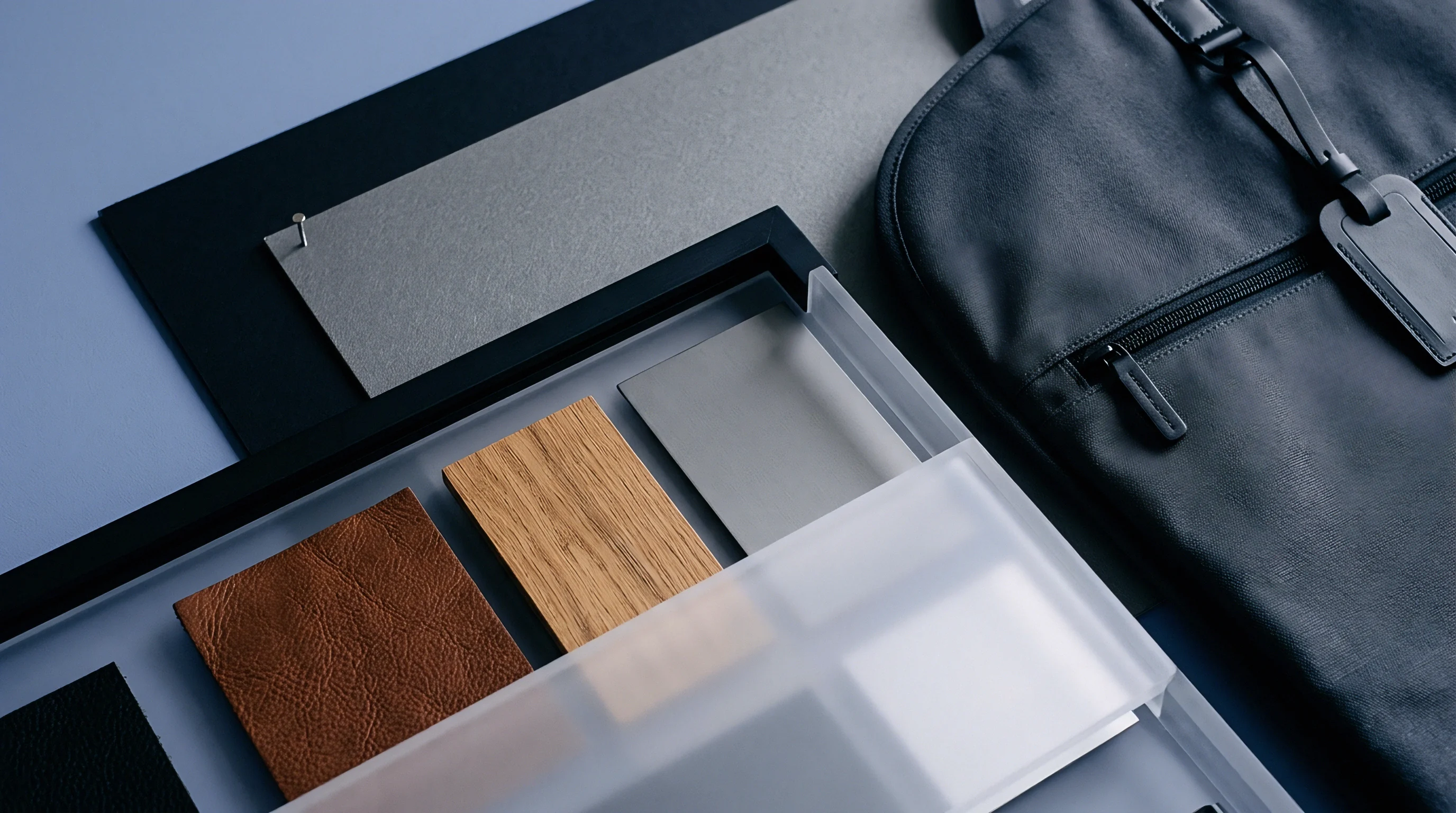 Material samples of wood, leather, and metallic finishes are displayed in a tray next to a dark leather bag on a neutral surface.