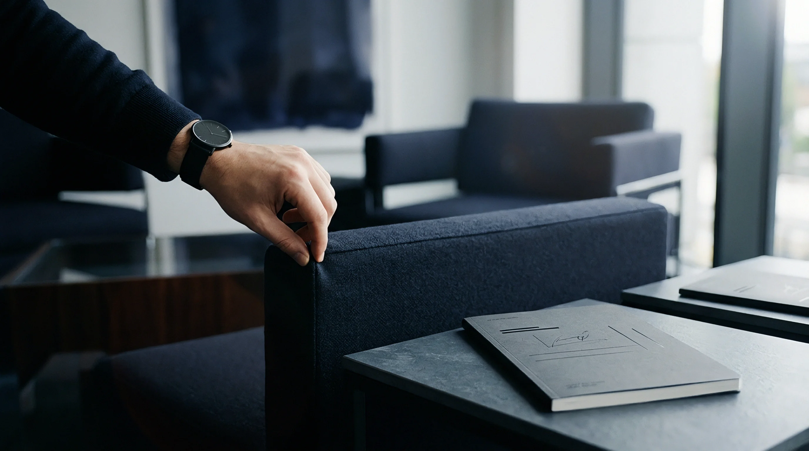 A hand rests upon the upholstered back of a dark chair positioned beside a slate surface holding a professional notebook in an office space.