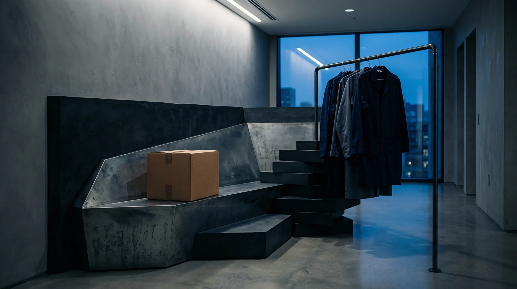 A single corrugated cardboard container sits on a tiered metal architectural structure beside a garment rail within an industrial concrete facility.