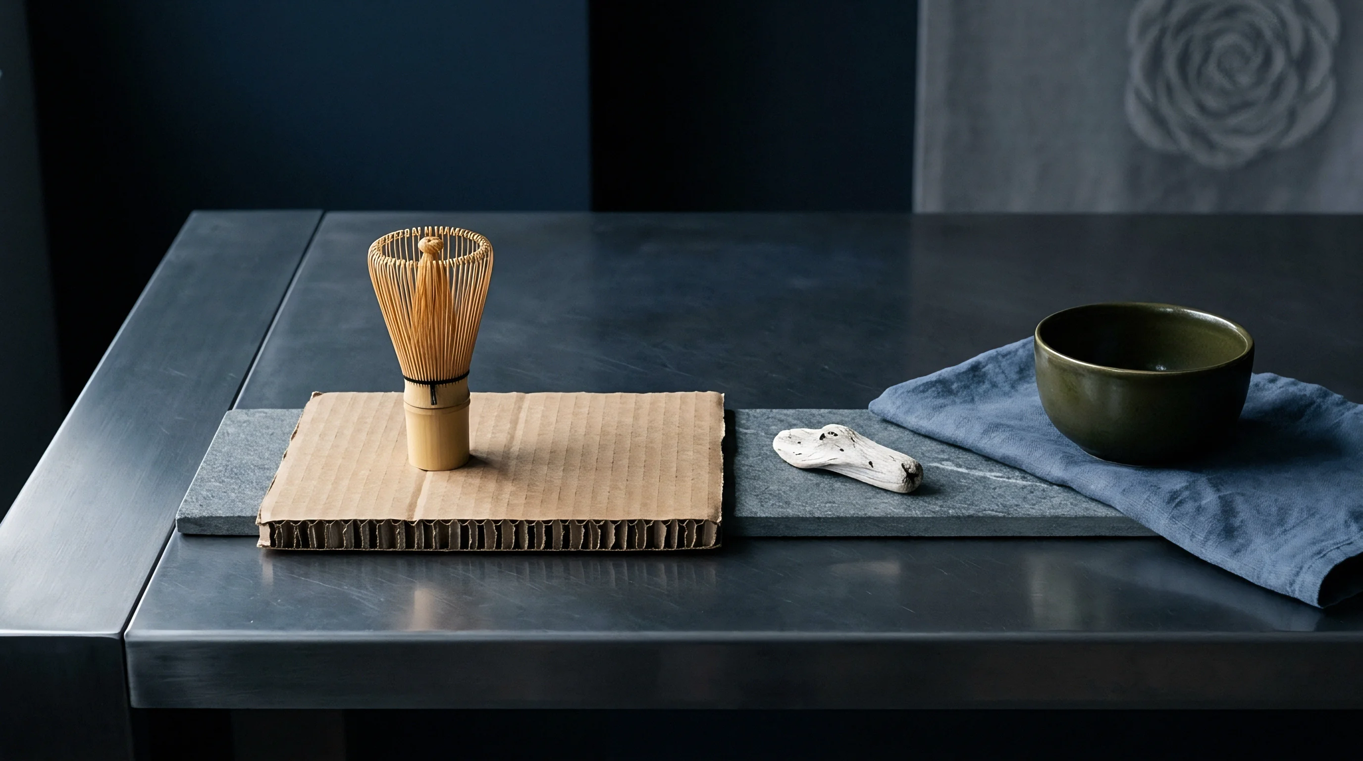 A bamboo implement on corrugated cardboard and a ceramic bowl on a textile cloth are arranged on a metal work surface.
