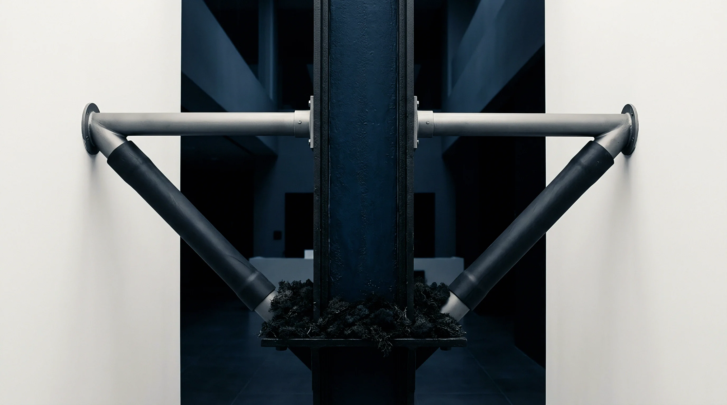 Two angled steel braces connect white partition walls to a central dark vertical column securing a dense material aggregate.