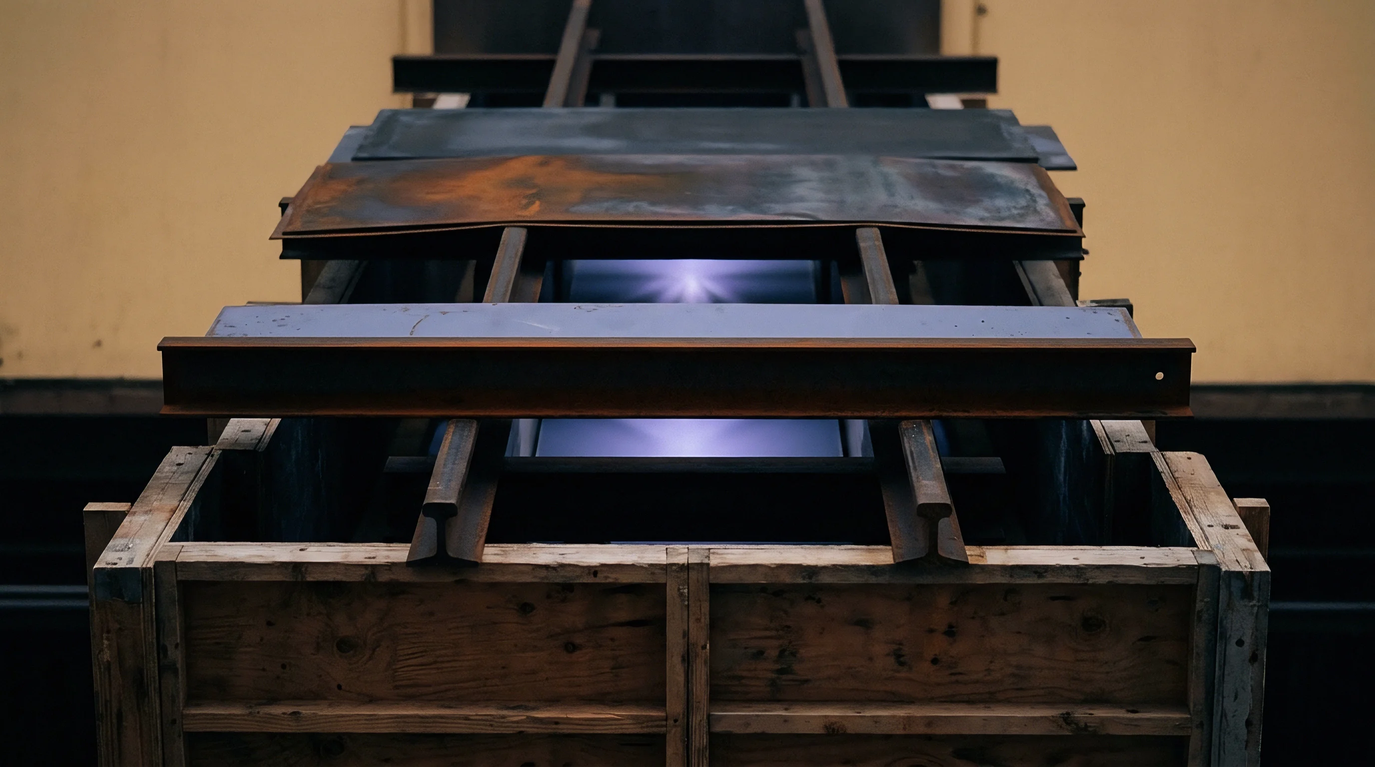 Raw iron beams rest upon a wooden transportation frame while an intense plasma arc illuminates the central gap between structural steel components.