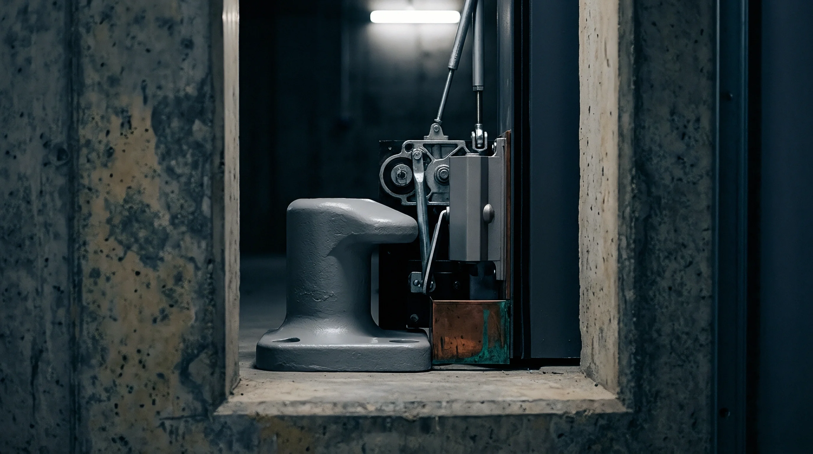 A heavy cast metal mooring cleat rests beside complex mechanical linkage components within a reinforced concrete portal of a production facility.