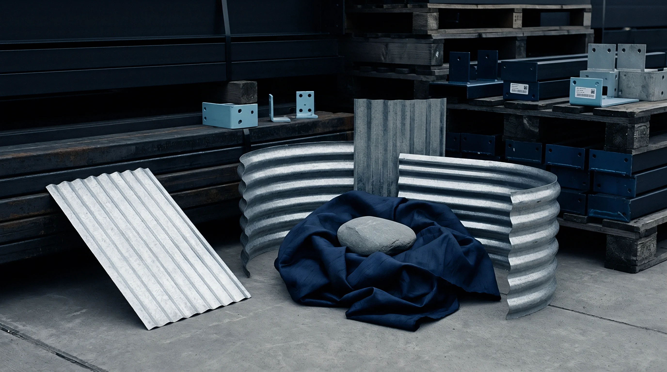 Corrugated metal panels and structural profiles rest beside a stone and dark textile on a warehouse concrete floor.
