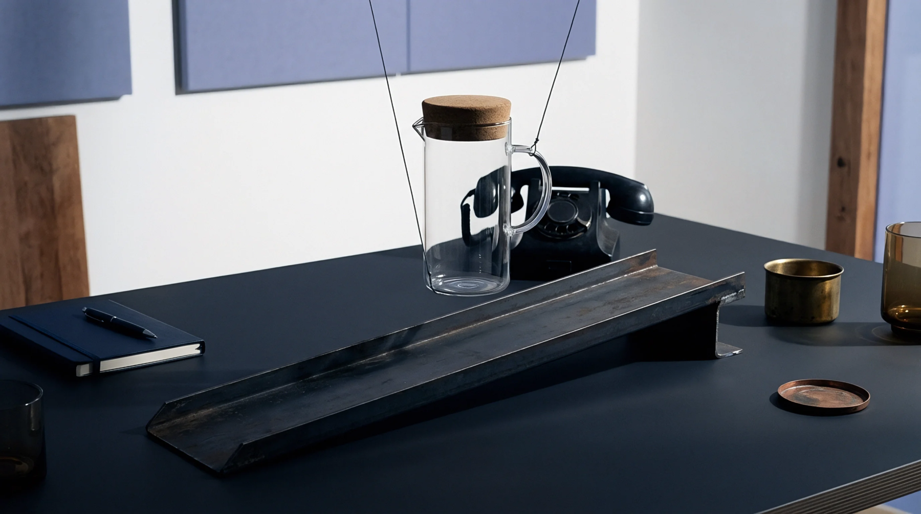 A raw steel structural beam rests beside a suspended glass container above a dark matte desk surface.