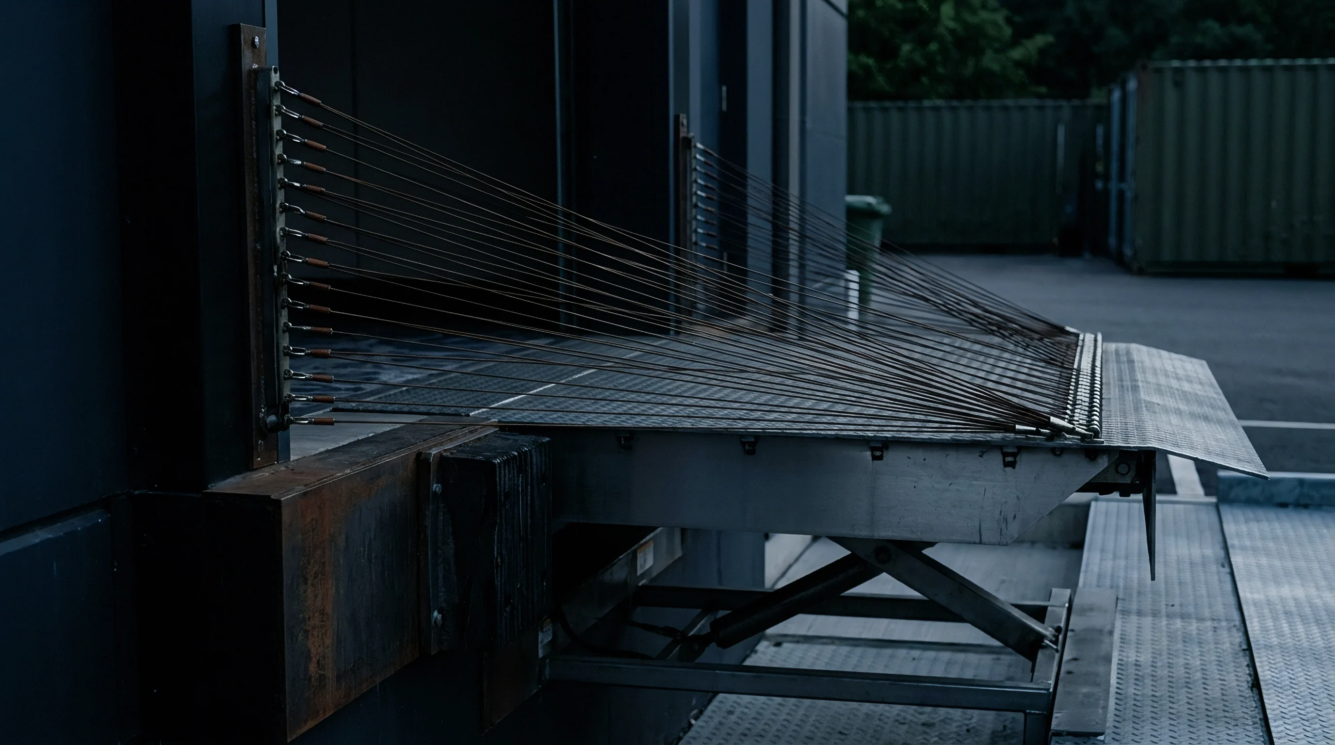 Tension cables connect the hinged platform of an industrial loading dock leveler to the steel wall housing, a feature of heavy duty mechanical interfaces.