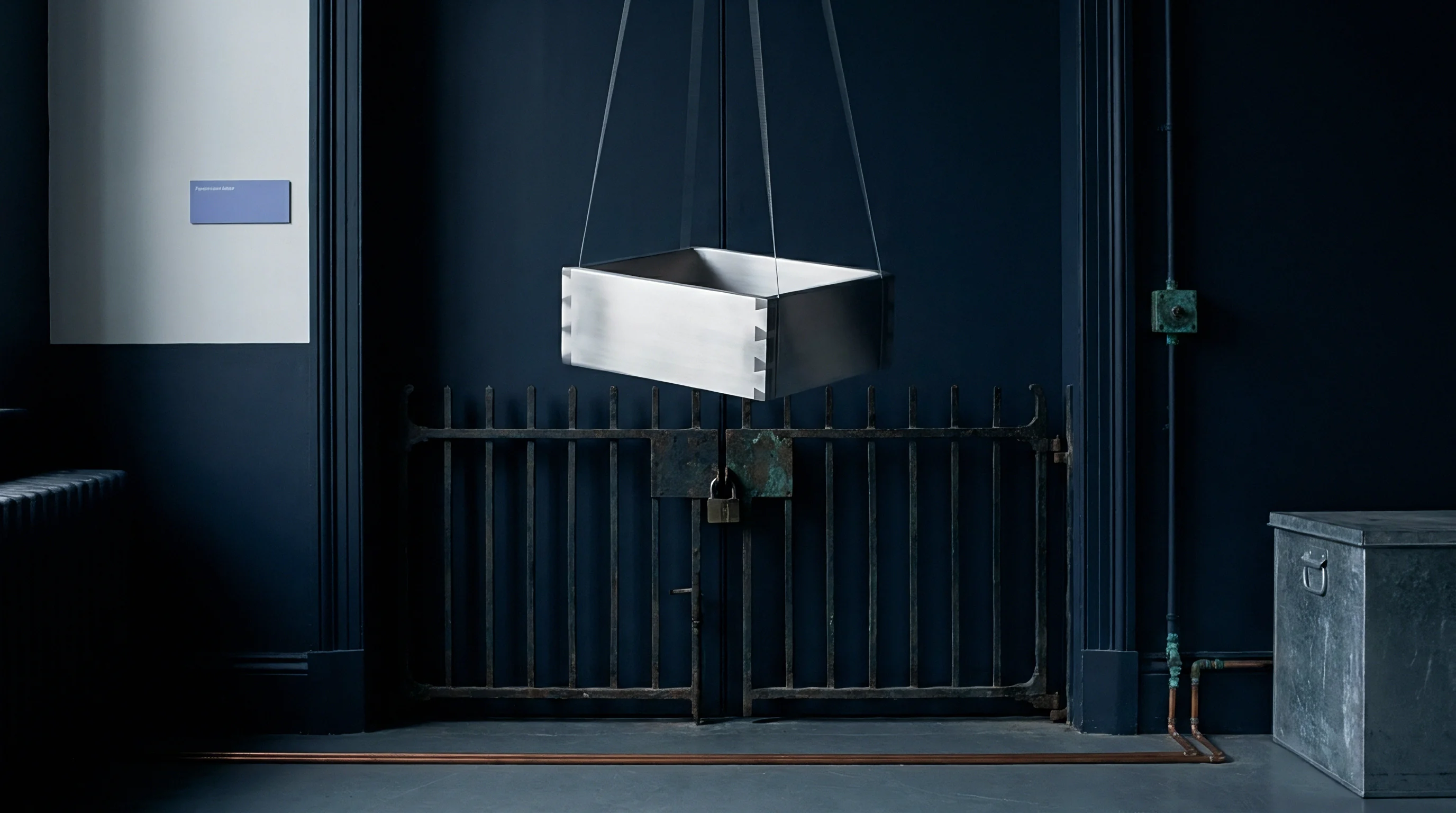 A suspended metal drawer featuring exposed dovetail joints hangs before a locked iron gate in a dark industrial space.