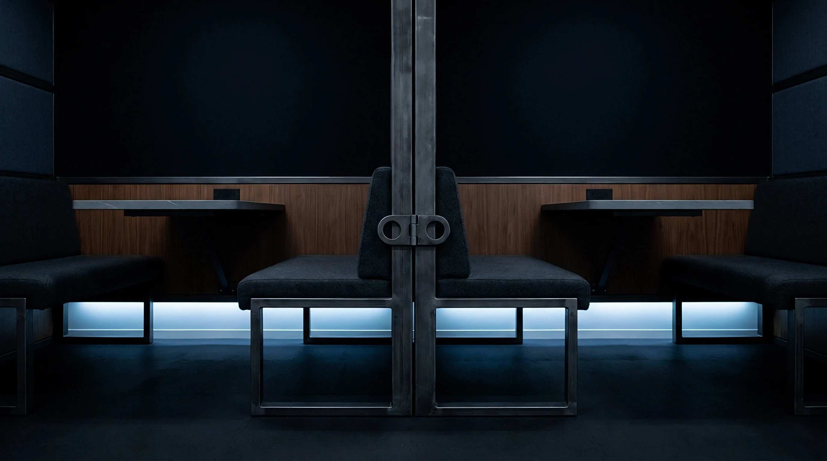 Two matching steel framed fabric booth seats face wooden wall tables on either side of a central metal partition with a dual ring connector.