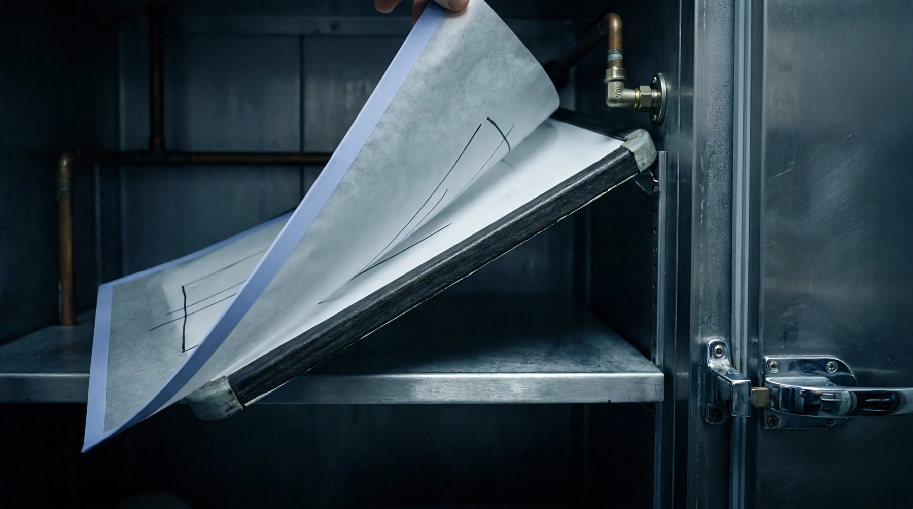 A gloved hand lifts a technical drawing sheet from a metal clipboard resting inside a stainless steel industrial manufacturing chamber.